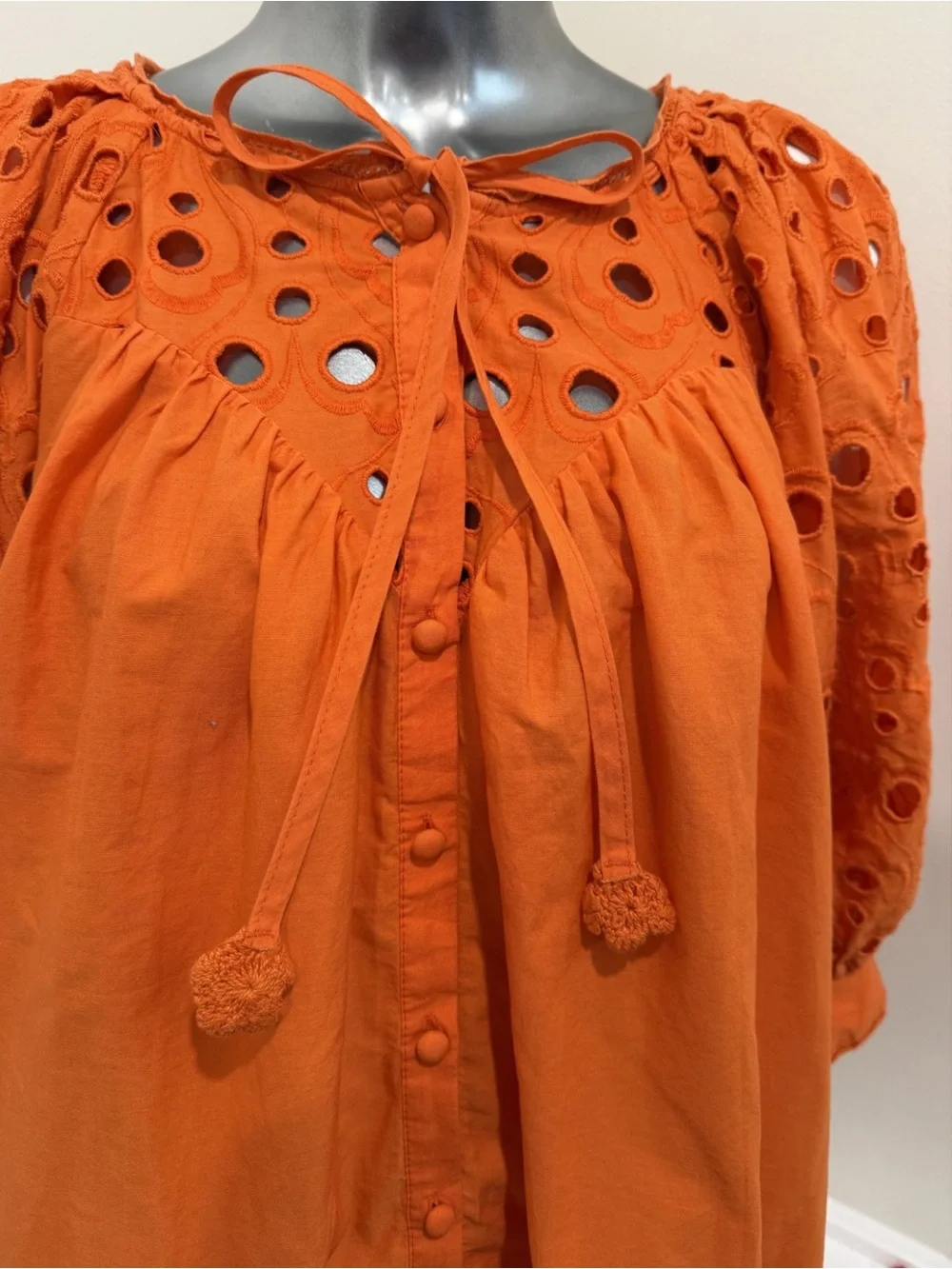 Anthropologie Orange Eyelet Peasant Blouse Size 1X Boho Cotton - Picture 6 of 10